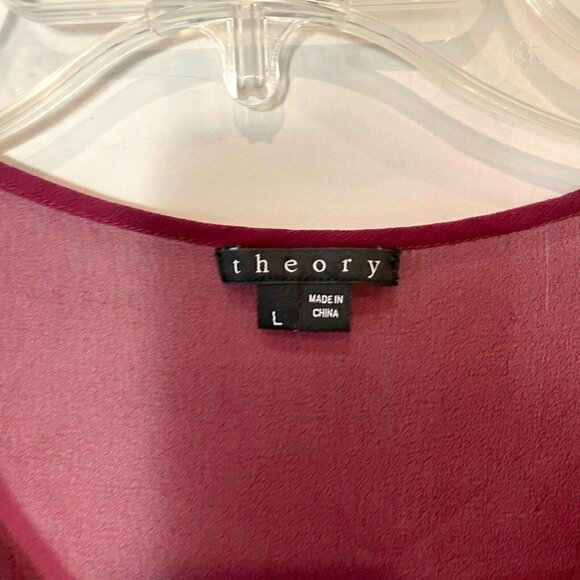 Theory Silk Peplum Blouse Top Womens L Red Ruffle Trim 3/4 Sleeve Chiffon Sheer - Picture 3 of 7